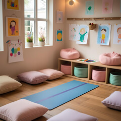 Creative Kids Yoga Corner &ndash; A playful indoor space combining children's yoga and art activities with colorful supplies, cozy mats, and calming decor.