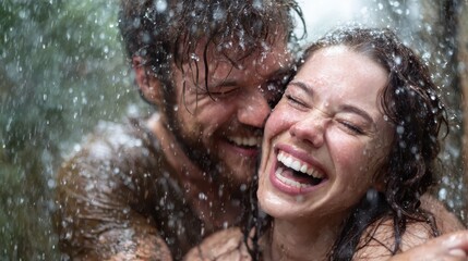 Obraz premium An exuberant couple sharing a joyful moment as they embrace under a cascade of fresh water, symbolizing love, happiness, and the thrill of enjoying life's simple pleasures.