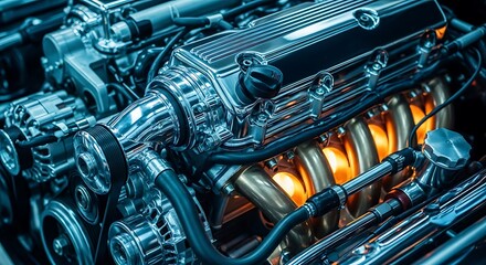 Close-Up of a Gleaming High-Performance Car Engine with Hot Orange Exhaust Headers