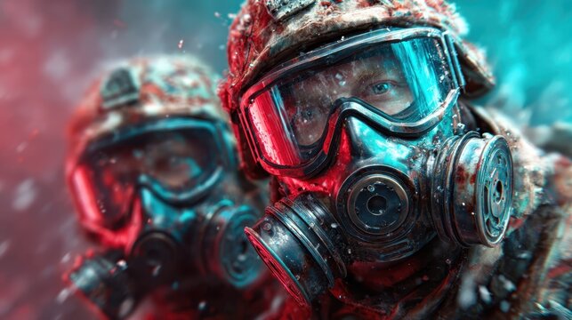 A pair of soldiers in gas masks stand resolutely against a snowy backdrop, showcasing determination and resilience in harsh, winter conditions amidst swirling frost. - Powered by Adobe