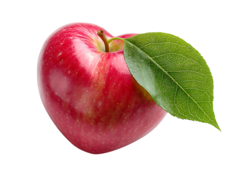 heart shaped red apple with green leaf