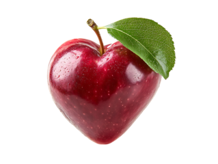 heart shaped red apple with green leaf