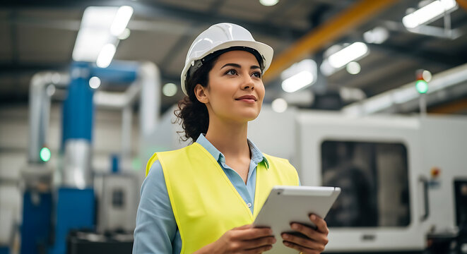 Determined female engineer with tablet inspects modern factory floor, planning future production success.