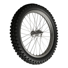 Detailed Shot of a Wheel with Silver Spokes and a Knobby Tire Against a Black Backdrop