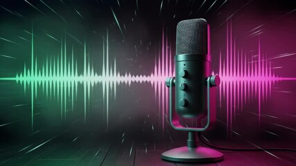 Modern microphone in vibrant neon studio background high quality visual audio visual design - Powered by Adobe