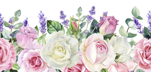 Watercolor seamless border, arrangement of delicate roses, lavender and greenery. Perfect for wedding invitations, stationery, floral branding, or home decor.