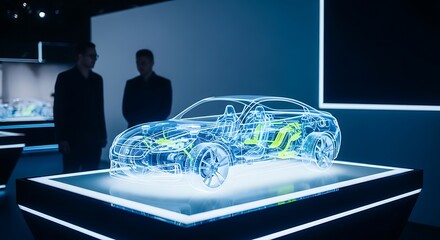 Engineers examine a glowing holographic wireframe car on a modern display table, showcasing advanced automotive design.