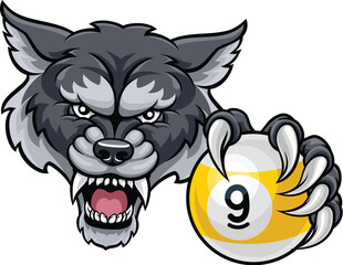 Wolf nine ball pool billiards sports mascot holding a 9 ball cartoon illustration