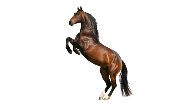 A brown horse rearing up on its hind legs with a white background in a studio shot of the animal on transparent background