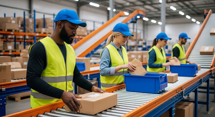 Warehouse workers efficiently process packages on a conveyor belt, ensuring timely logistics and fulfillment operations.