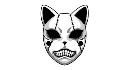 Monochrome illustration of a mythical feline beast mask. A conceptual design of a fierce spirit with stitches and bared teeth.