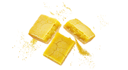 Three Square Baked Yellow Desserts with Sugar Crumbs Floating Against Black Transparent Background