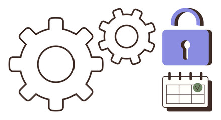 Gear mechanisms symbolize process, a calendar with a checkmark hints at scheduling, and a lock indicates security. Ideal for workflow, time management, cybersecurity, privacy, and automation. Great