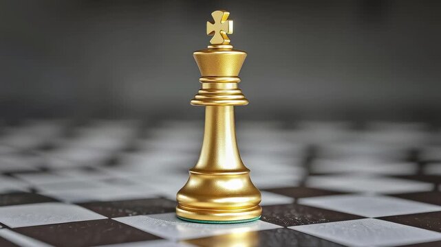 Golden chess king stands proudly on a checkered board in a strategic game