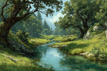 Obraz premium Tranquil Waterscape A River Journey Through Lush Forest Serene Nature Scene Mountain Backdrop Scenic View Green