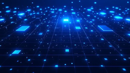 Abstract background with glowing blue pixel blocks on a dark navy backdrop, representing modern digital technology, data visualization, and futuristic user interface design