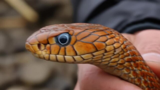 A beautiful copperhead snake is carefully held in hand, showcasing its intricate scales, coloration and brilliant eye, creating a unique animal encounter.
