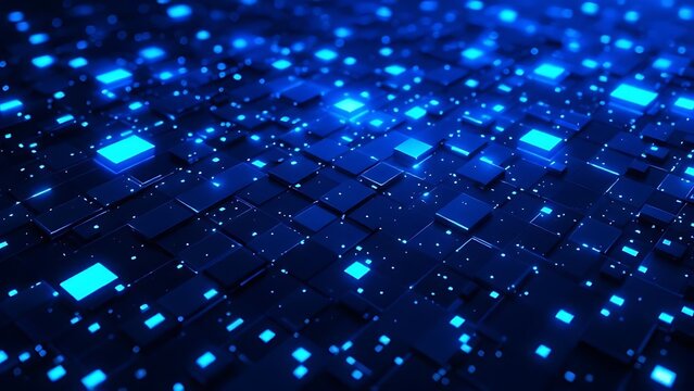 Abstract background with glowing blue pixel blocks on a dark navy backdrop, representing modern digital technology, data visualization, and futuristic user interface design