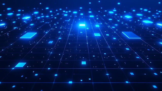 Abstract background with glowing blue pixel blocks on a dark navy backdrop, representing modern digital technology, data visualization, and futuristic user interface design