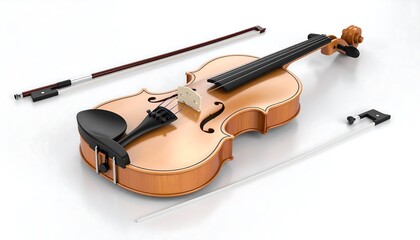 "Violin and bow on white background, showcasing wooden body, four strings, black fingerboard, glossy finish, bridge, tailpiece, and chin rest"
