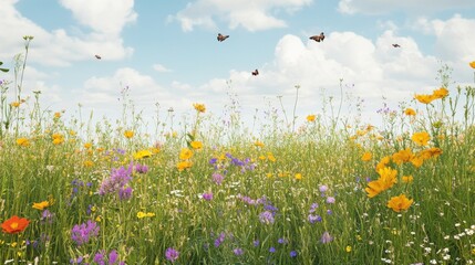 Colorful wildflowers in a meadow under a partly cloudy sky.