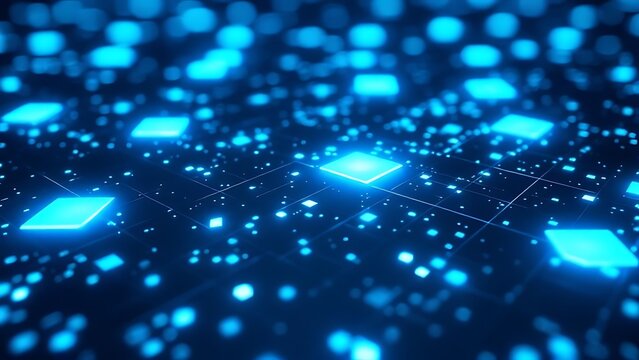 Abstract background with glowing blue pixel blocks on a dark navy backdrop, representing modern digital technology, data visualization, and futuristic user interface design