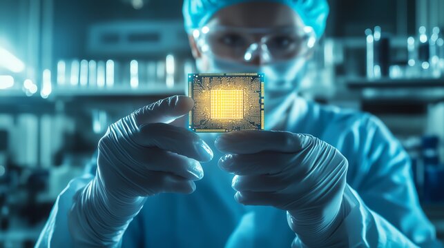Scientist examining a microchip in the lab. - Powered by Adobe