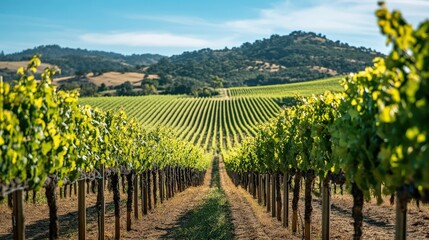 Lush vineyard rows stretch across a hillside landscape.