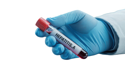 Gloved Hand Holding a Blood Sample Vial Labeled Hepatitis A Against a Transparent Background