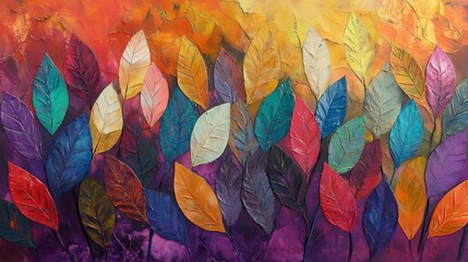 A colorful painting featuring a variety of leaves in different colors and shades on a textured background