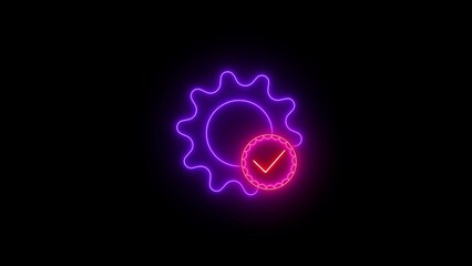 Glowing neon gear with a red checkmark symbolizing successful operation or quality control
