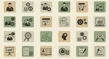 Vintage business management and human resources icon set. Retro graphic elements for corporate use.