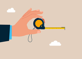 Hand hold measure tape. Accuracy and measurement. Flat vector illustration