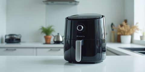 Modern black air fryer on a kitchen countertop