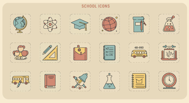 Collection of school and education line icons with retro color fill for web and graphic design