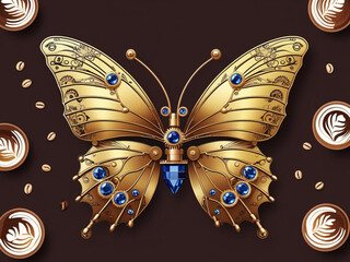 Golden butterfly adorned with blue gems, set against a rich chocolate background with coffee cups and beans, blending luxury and nature in a digital art style.