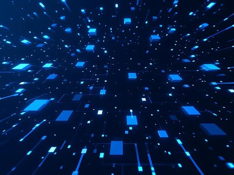 Abstract background with glowing blue pixel blocks on a dark navy backdrop, representing modern digital technology, data visualization, and futuristic user interface design