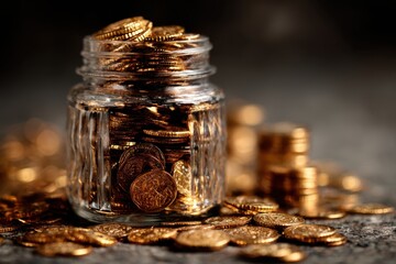 Golden treasure Jar full of shining coins financial savings investment success money management wealth budget currency