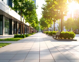 Modern city sidewalk with clean tiles and soft shadows