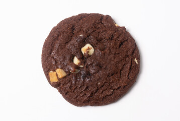 One big craft chocolate chip cookie on white background. Flat lay