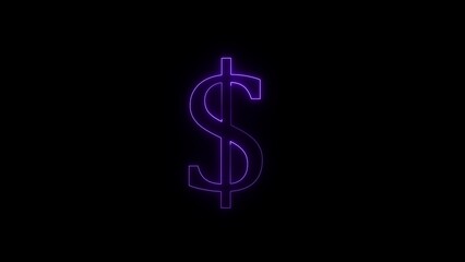 Abstract glowing purple dollar sign illuminated against a dark black background with subtle light effects