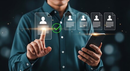 Man Reviews Job Applications on Phone with Checkmarks Displayed Hiring Manager Selection Process Job Search Online