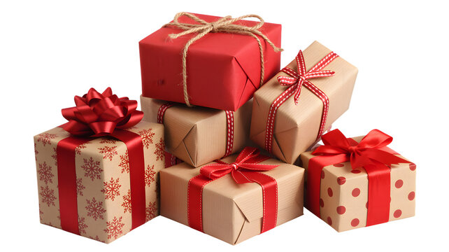 A stack of christmas presents wrapped in red and brown paper with ribbons on a white background space for text on transparent background - Powered by Adobe