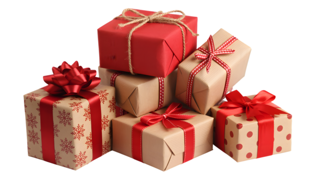 A stack of christmas presents wrapped in red and brown paper with ribbons on a white background space for text on transparent background