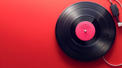 Vinyl record on red background, connected via USB, digital audio, nostalgic music, retro technology, sound, analog-digital hybrid