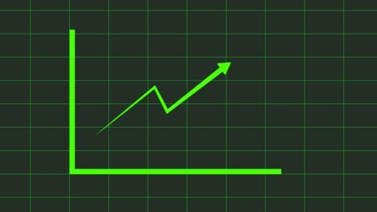 Green upward trending line graph showing financial growth and positive progress on a dark grid background