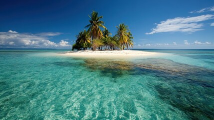 Fototapeta premium Bright Sunny Tropical Island with Palm Trees and Clear Blue Water