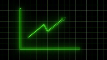 Green neon line graph showing upward trend on dark grid background representing financial growth and success