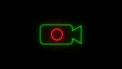 Green neon outline of a video camera with a red recording indicator on a black background