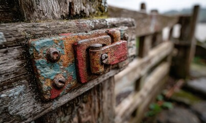 Close-up of weathered wooden gate latch